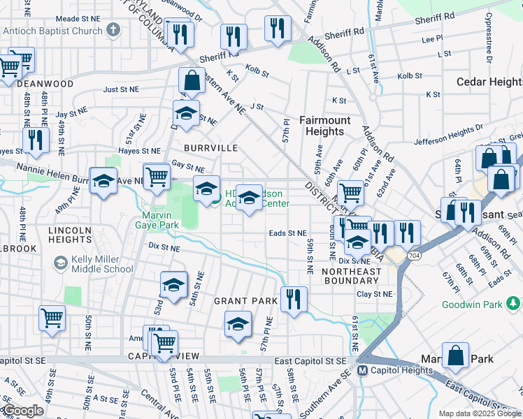 map of restaurants, bars, coffee shops, grocery stores, and more near 5611 Foote Street Northeast in Washington