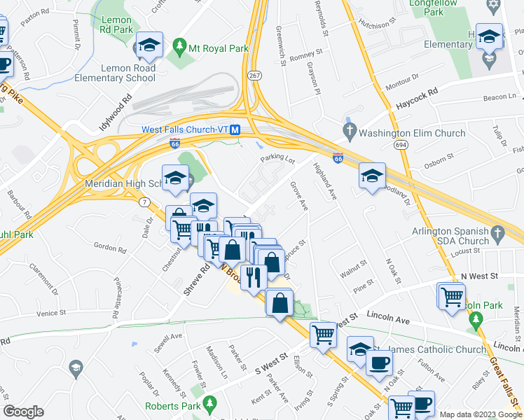 map of restaurants, bars, coffee shops, grocery stores, and more near 7021 Haycock Road in Falls Church