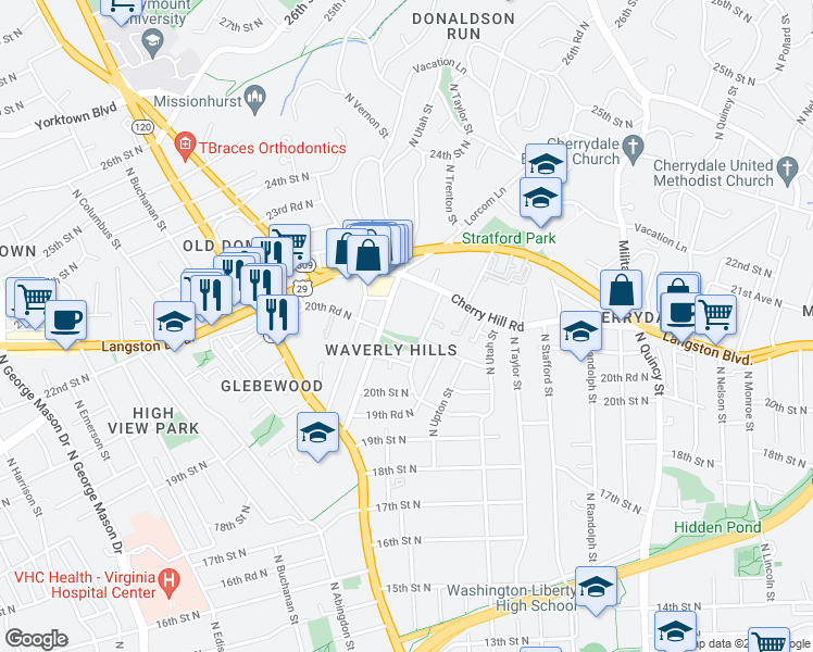 map of restaurants, bars, coffee shops, grocery stores, and more near 2051 North Woodstock Street in Arlington