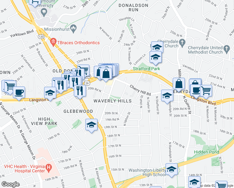 map of restaurants, bars, coffee shops, grocery stores, and more near 2053 North Woodstock Street in Arlington