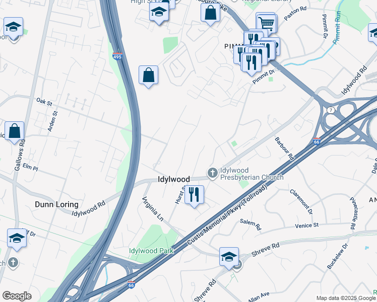 map of restaurants, bars, coffee shops, grocery stores, and more near 2257 Senseney Lane in Falls Church