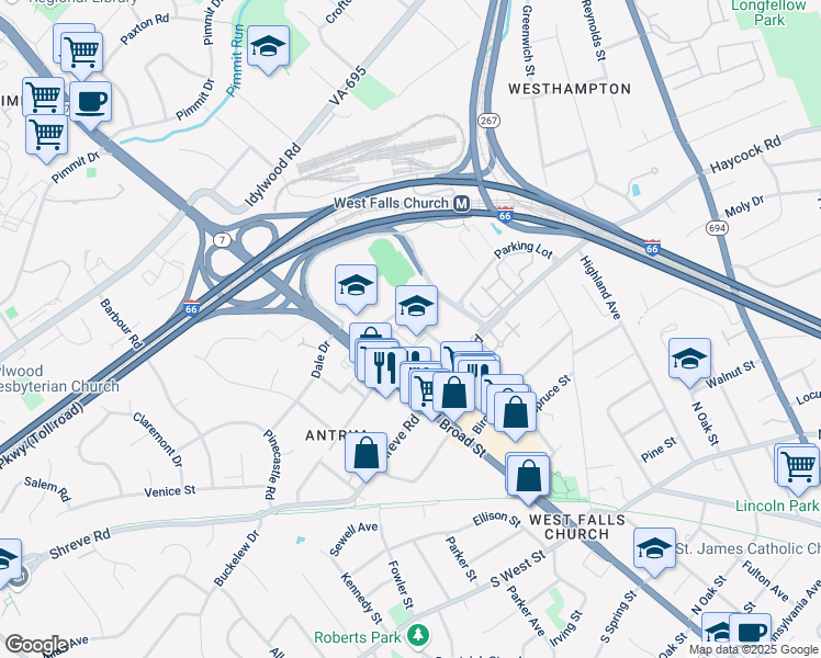 map of restaurants, bars, coffee shops, grocery stores, and more near 255 West Falls Station Boulevard in Falls Church