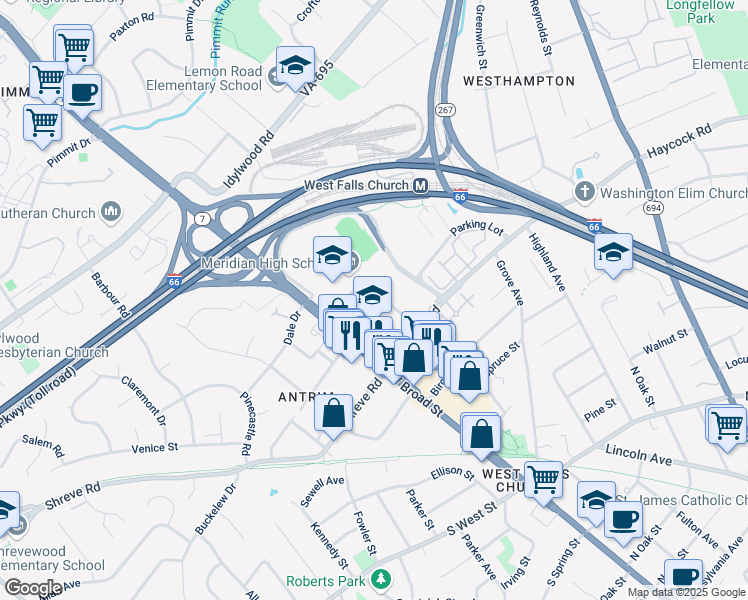 map of restaurants, bars, coffee shops, grocery stores, and more near 255 West Falls Station Boulevard in Falls Church