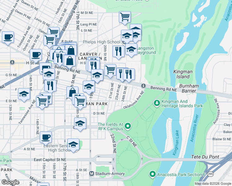 map of restaurants, bars, coffee shops, grocery stores, and more near 101 Independence Avenue Southeast in Washington