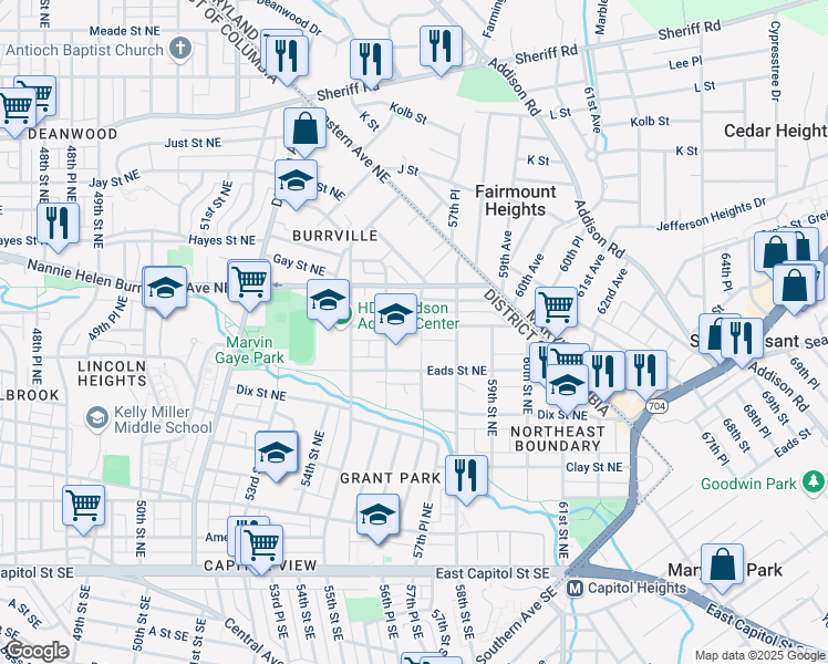 map of restaurants, bars, coffee shops, grocery stores, and more near 5611 Foote Street Northeast in Washington