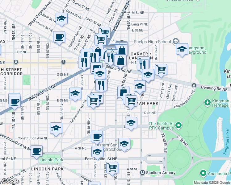 map of restaurants, bars, coffee shops, grocery stores, and more near 101 Independence Avenue Southeast in Washington