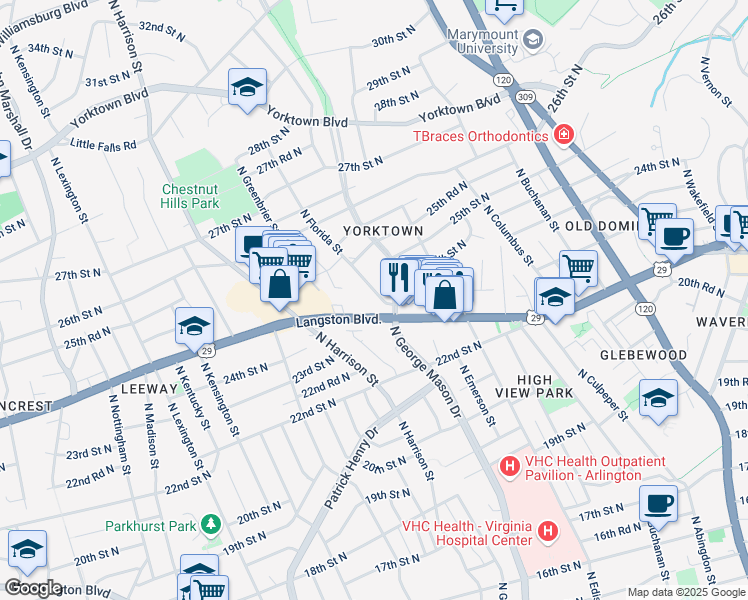 map of restaurants, bars, coffee shops, grocery stores, and more near 2308 North Florida Street in Arlington