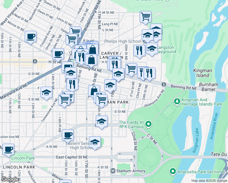 map of restaurants, bars, coffee shops, grocery stores, and more near 101 Independence Avenue Southeast in Washington
