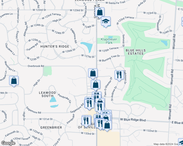 map of restaurants, bars, coffee shops, grocery stores, and more near 12724 State Line Road in Leawood