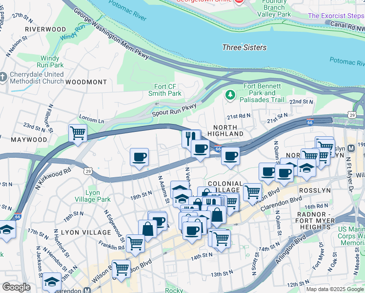 map of restaurants, bars, coffee shops, grocery stores, and more near 2201 20th Street North in Arlington