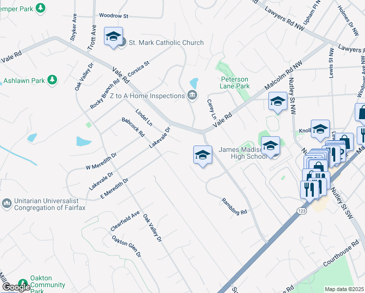map of restaurants, bars, coffee shops, grocery stores, and more near 9901 Lindel Lane in Vienna