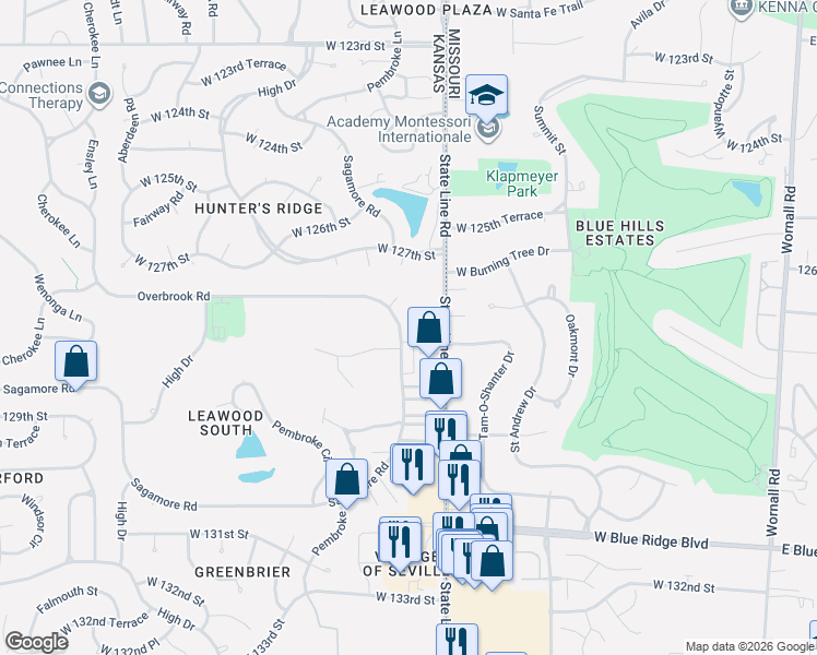 map of restaurants, bars, coffee shops, grocery stores, and more near 12757 Overbrook Road in Leawood