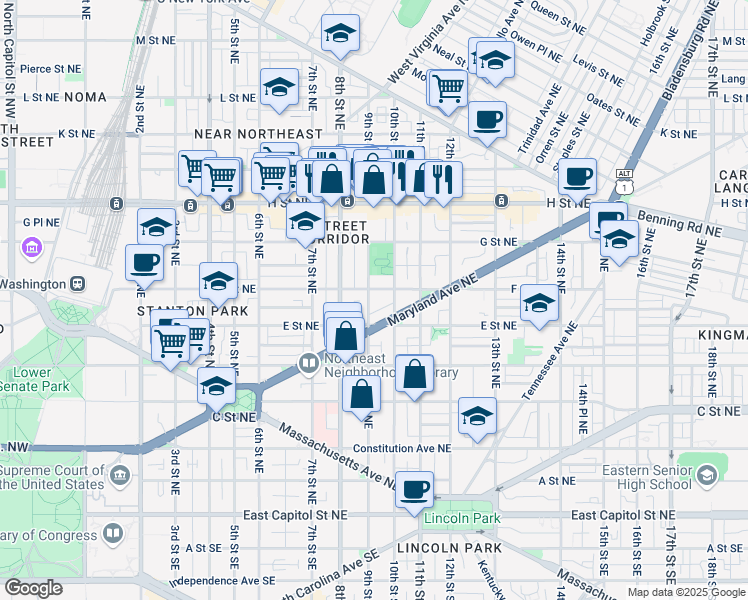 map of restaurants, bars, coffee shops, grocery stores, and more near 531 9th Street Northeast in Washington