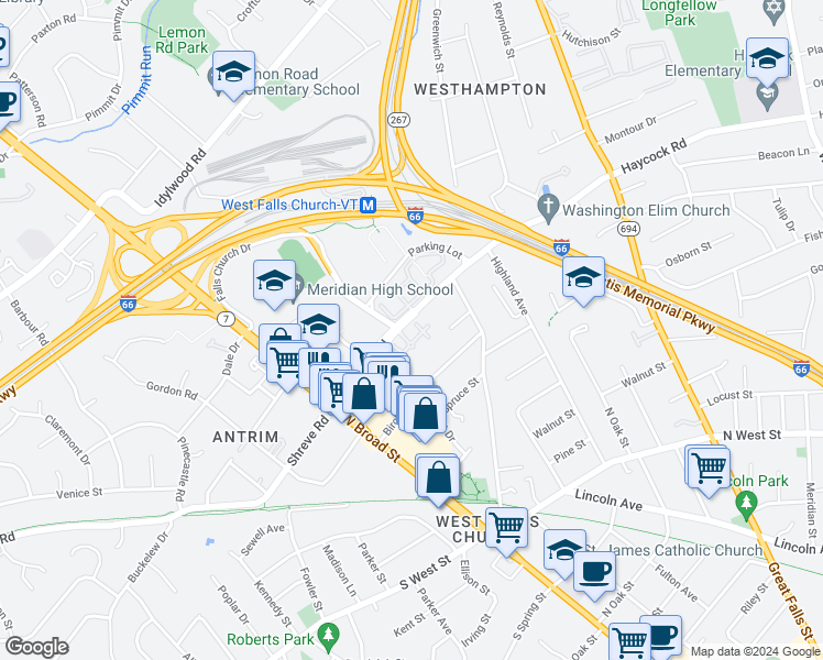 map of restaurants, bars, coffee shops, grocery stores, and more near 7031 Haycock Road in Falls Church
