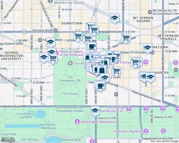 map of restaurants, bars, coffee shops, grocery stores, and more near 515 15th Street Northwest in Washington