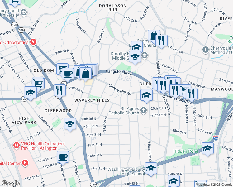map of restaurants, bars, coffee shops, grocery stores, and more near 2132 North Tazewell Court in Arlington