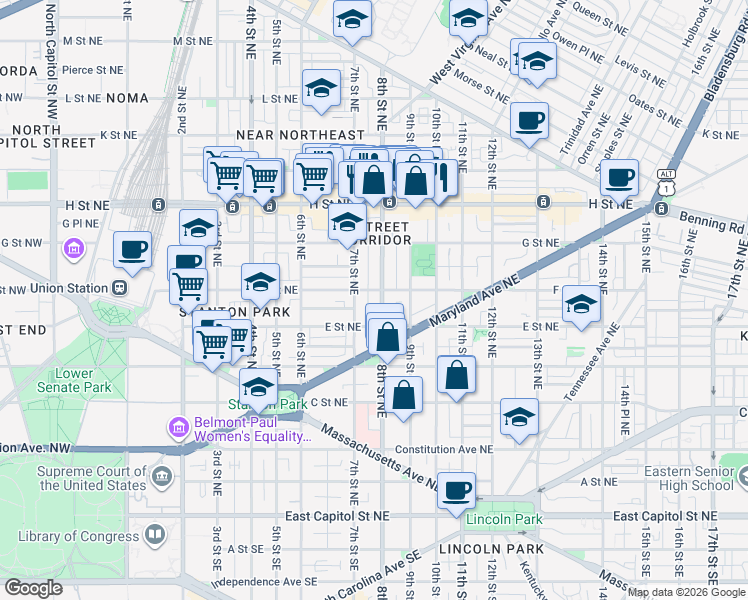 map of restaurants, bars, coffee shops, grocery stores, and more near 101 Independence Avenue Southeast in Washington