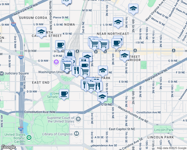 map of restaurants, bars, coffee shops, grocery stores, and more near 101 Independence Avenue Southeast in Washington