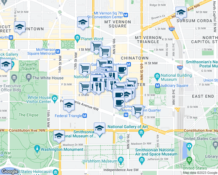 map of restaurants, bars, coffee shops, grocery stores, and more near 101 Independence Avenue Southeast in Washington