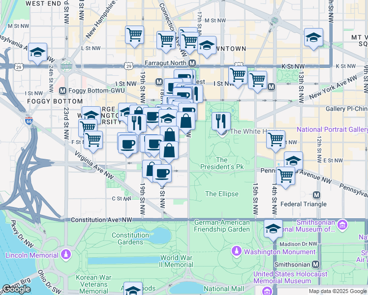 map of restaurants, bars, coffee shops, grocery stores, and more near 550 17th Street Northwest in Washington