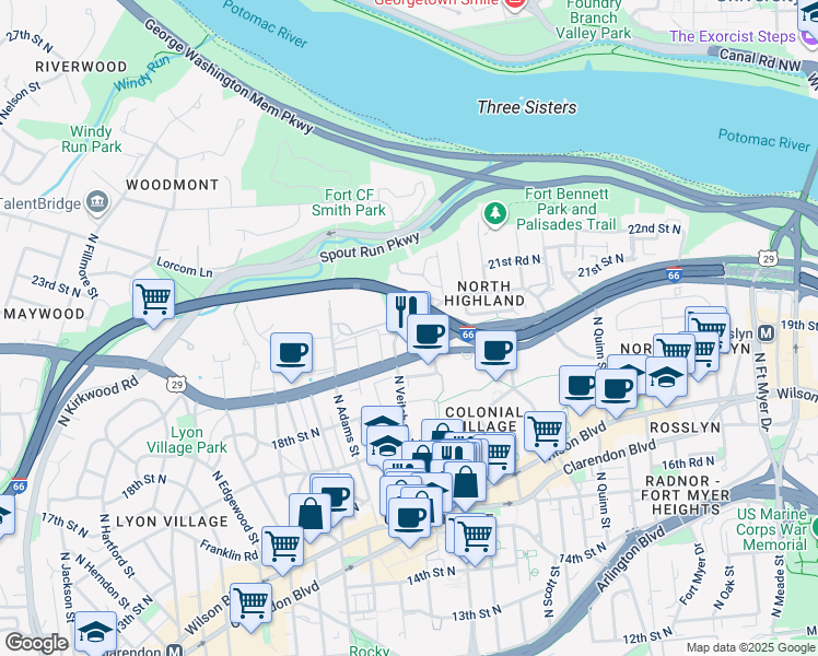 map of restaurants, bars, coffee shops, grocery stores, and more near 2147 Lee Highway in Arlington