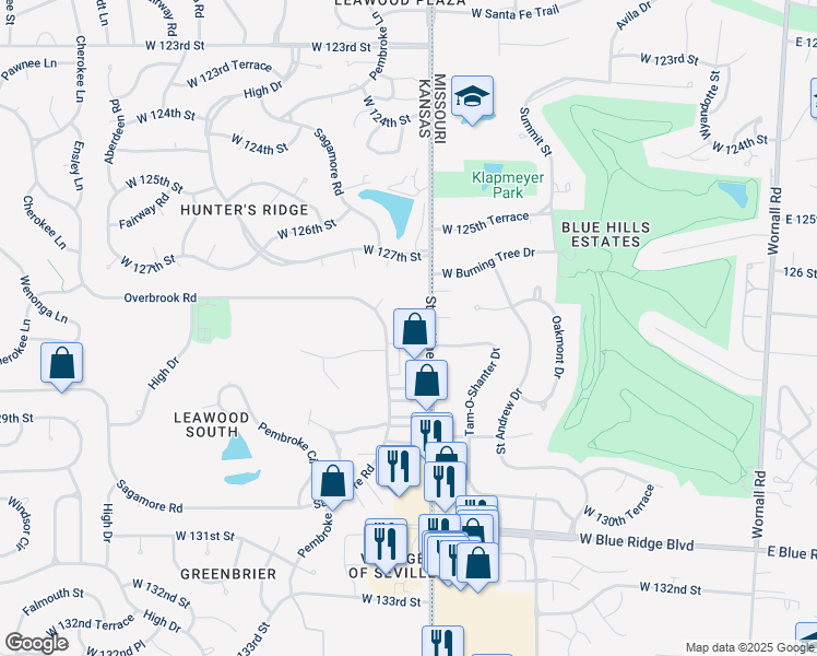 map of restaurants, bars, coffee shops, grocery stores, and more near 12724 State Line Road in Leawood