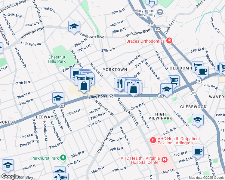 map of restaurants, bars, coffee shops, grocery stores, and more near 2308 North Florida Street in Arlington