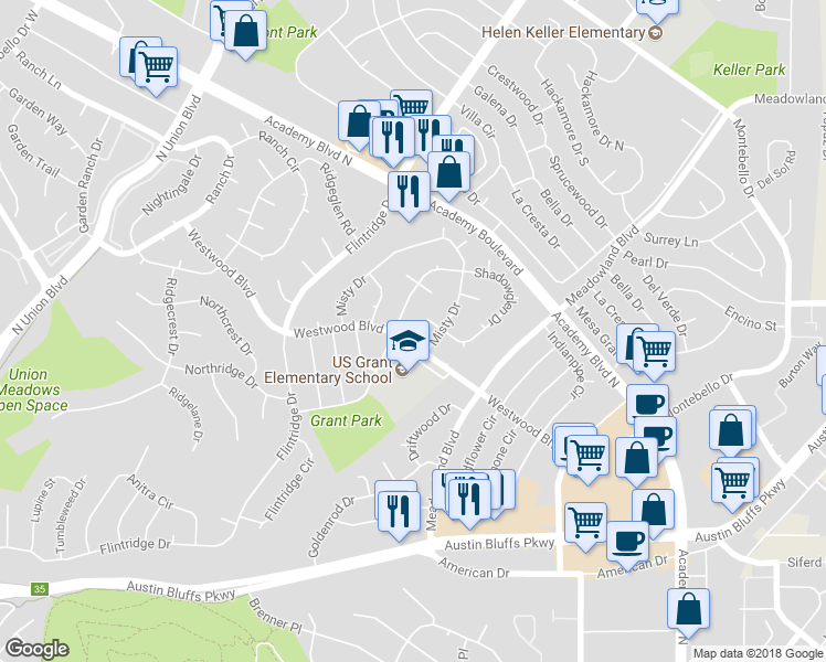 map of restaurants, bars, coffee shops, grocery stores, and more near 3206 Westwood Boulevard in Colorado Springs