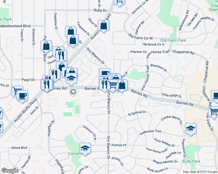 map of restaurants, bars, coffee shops, grocery stores, and more near Oro Blanco Dr & Barnes Rd in Colorado Springs