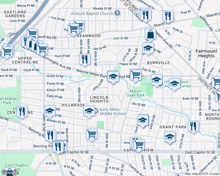 map of restaurants, bars, coffee shops, grocery stores, and more near 599 50th Street Northeast in Washington