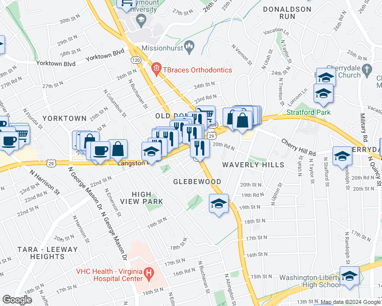 map of restaurants, bars, coffee shops, grocery stores, and more near 4751 21st Road North in Arlington