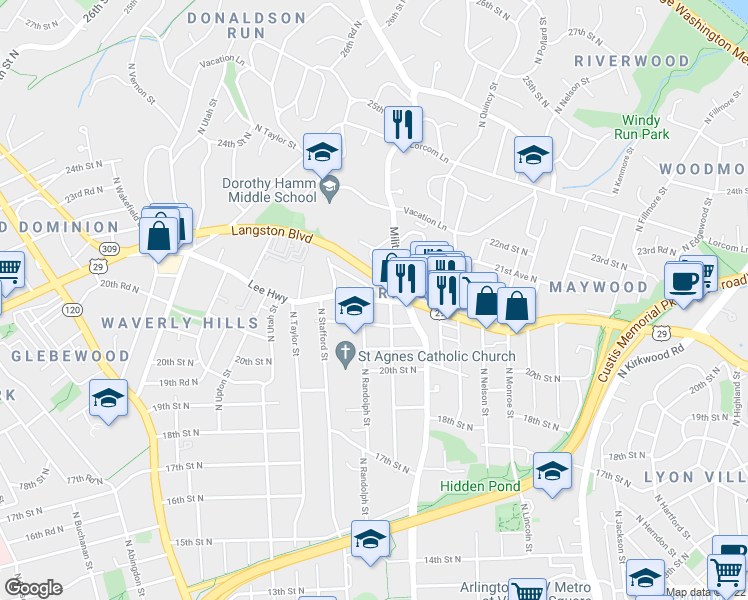 map of restaurants, bars, coffee shops, grocery stores, and more near Lee Hwy & 21st Rd N in Arlington