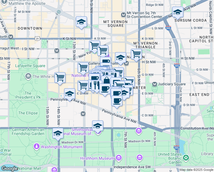 map of restaurants, bars, coffee shops, grocery stores, and more near 912 F Street Northwest in Washington
