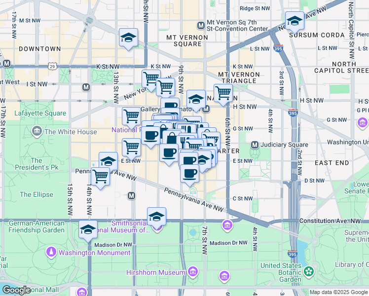 map of restaurants, bars, coffee shops, grocery stores, and more near 800 F Street Northwest in Washington