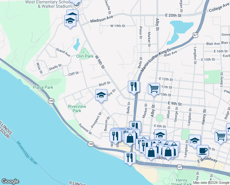 map of restaurants, bars, coffee shops, grocery stores, and more near 316 Atkinson Avenue in Alton