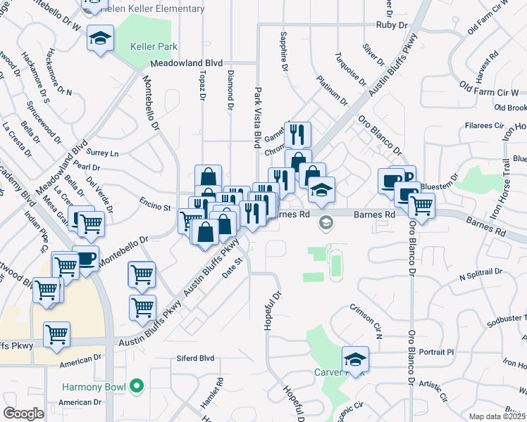 map of restaurants, bars, coffee shops, grocery stores, and more near Austin Bluffs Pkwy & Barnes Rd in Colorado Springs
