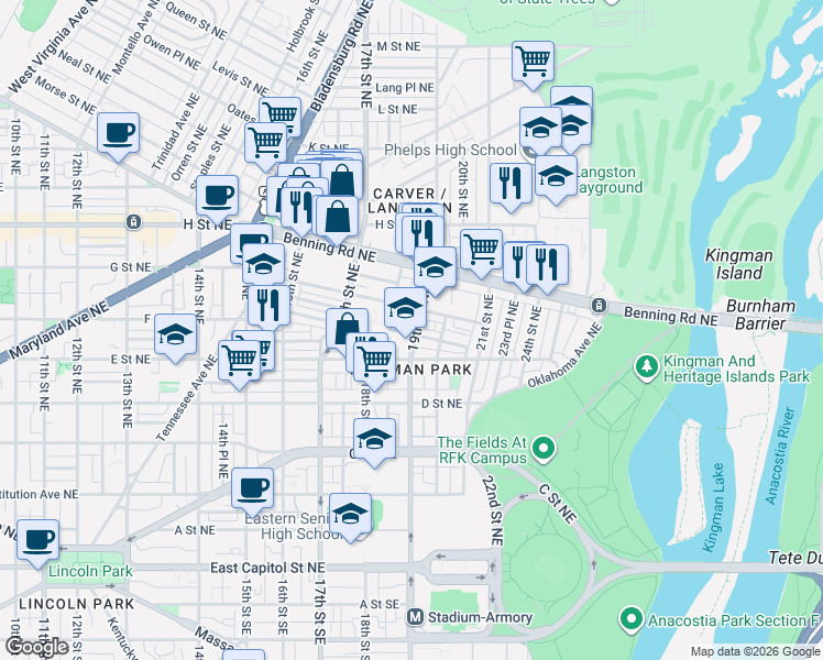 map of restaurants, bars, coffee shops, grocery stores, and more near 101 Independence Avenue Southeast in Washington