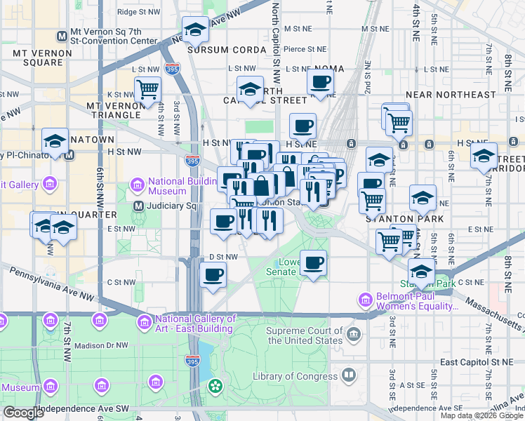 map of restaurants, bars, coffee shops, grocery stores, and more near 101 Independence Avenue Southeast in Washington