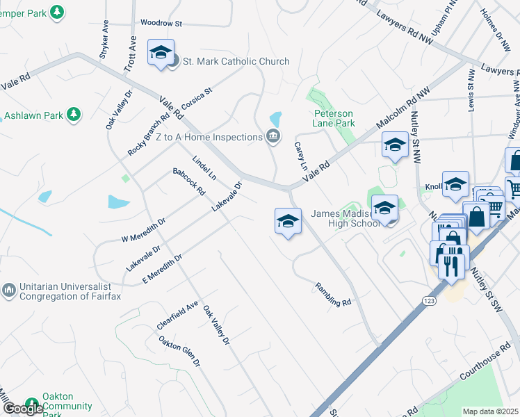 map of restaurants, bars, coffee shops, grocery stores, and more near 9901 Lindel Lane in Vienna