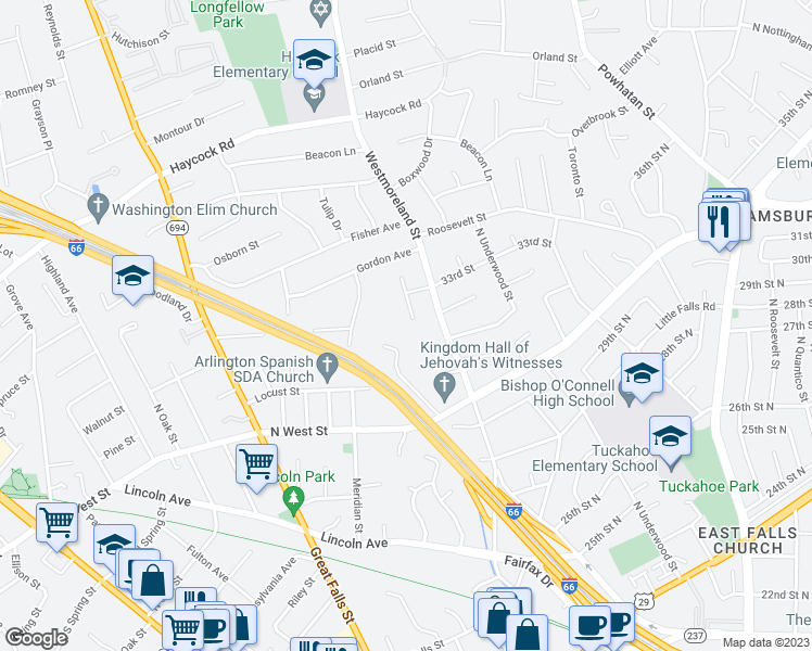 map of restaurants, bars, coffee shops, grocery stores, and more near 2308 Whitcomb Place in Falls Church