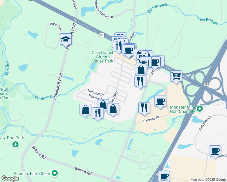 map of restaurants, bars, coffee shops, grocery stores, and more near 4200 Airline Parkway in Chantilly