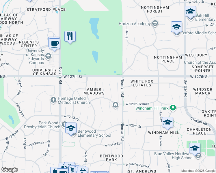 map of restaurants, bars, coffee shops, grocery stores, and more near 12805 King Street in Overland Park