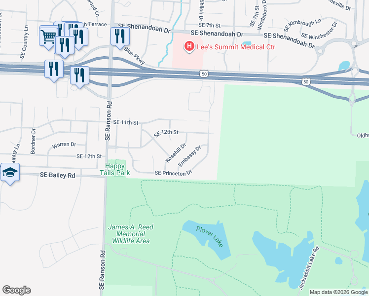 map of restaurants, bars, coffee shops, grocery stores, and more near 1724 Embassy Drive in Lee's Summit