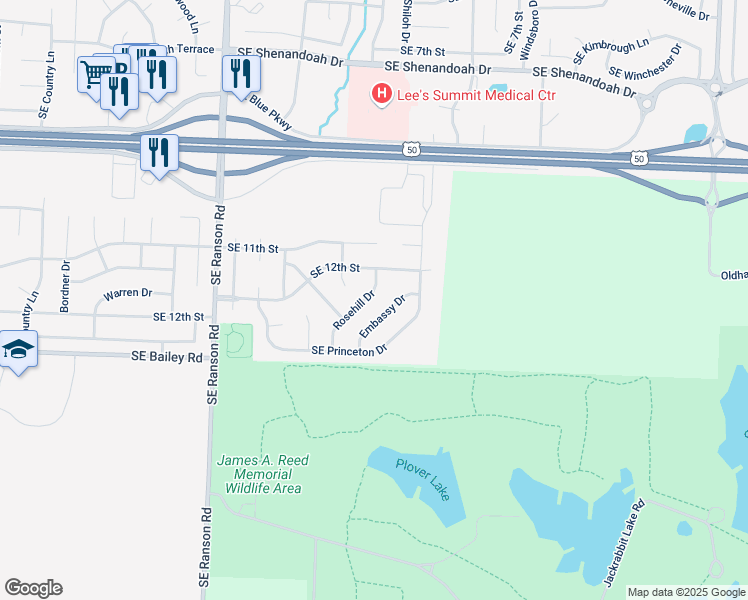 map of restaurants, bars, coffee shops, grocery stores, and more near 1221 Rosehill Drive in Lee's Summit