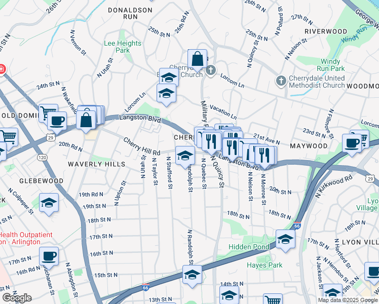 map of restaurants, bars, coffee shops, grocery stores, and more near 4001 North Randolph Street in Arlington