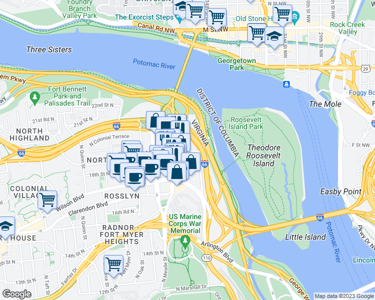 map of restaurants, bars, coffee shops, grocery stores, and more near 19th Street North & North Kent Street in Arlington
