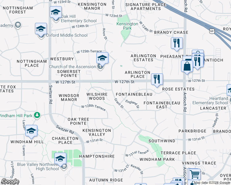 map of restaurants, bars, coffee shops, grocery stores, and more near 12710 Grant Street in Overland Park