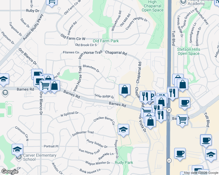 map of restaurants, bars, coffee shops, grocery stores, and more near 5340 Coneflower Lane in Colorado Springs
