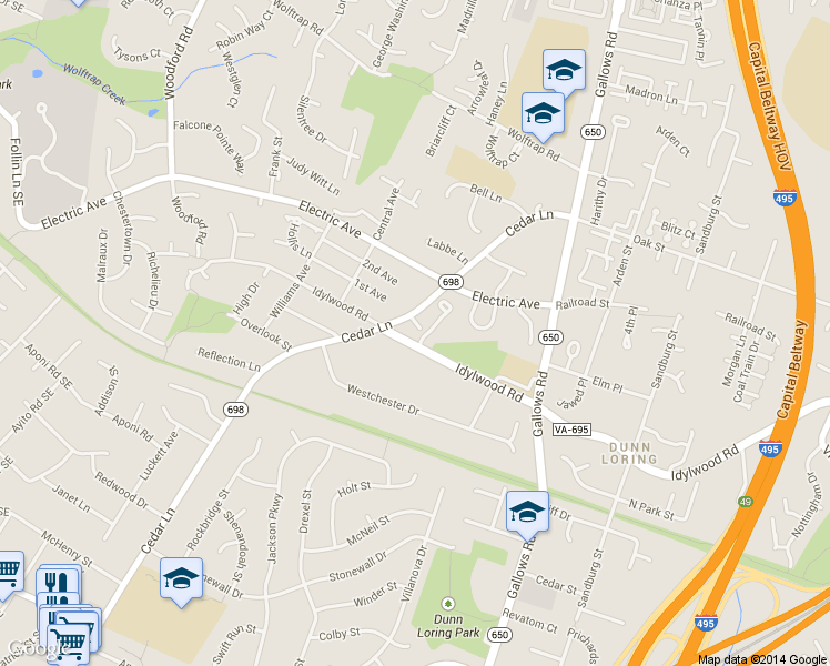 map of restaurants, bars, coffee shops, grocery stores, and more near 8223 Goldstream Court in Vienna