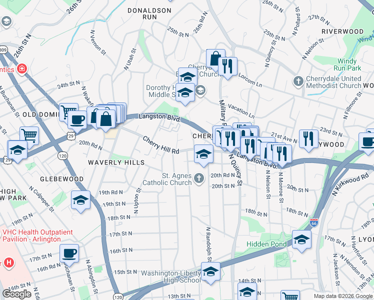 map of restaurants, bars, coffee shops, grocery stores, and more near Lee Highway & North Stafford Street in Arlington